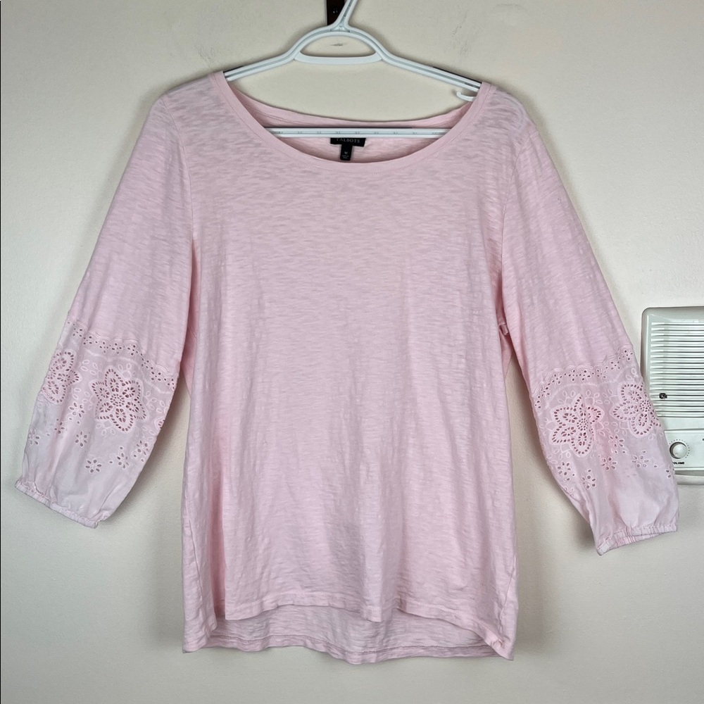 Talbots Shirt 100% Cotton Light Pink Eyelet Floral Peasant Blouse, Size Medium